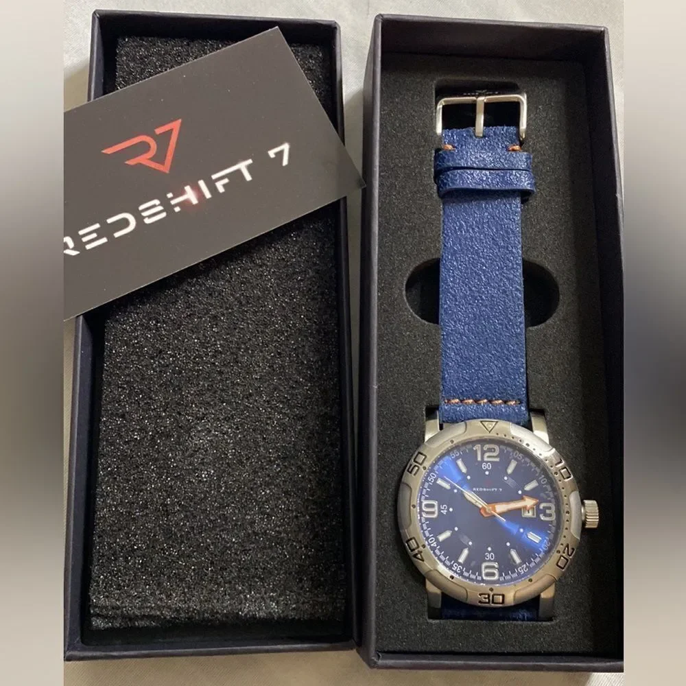 NWB Redshift 7 Blue Watch Stainless Steel Genuine Leather Water Resistant